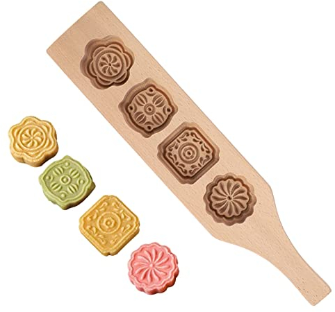 Stampo in Legno per Biscotti Stampi,Stampi per Mooncake,Stampi per Torta di Luna,Mooncake Stampa Formine Forma di Fiore Design a Quattro Slot per Muffin Moon Pies Biscuit Torta di Cioccolato