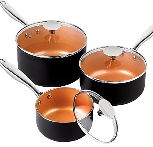 MICHELANGELO Sauce Pan with Lid, 1Qt & 2Qt & 3Qt Sauce Pan Set, Ceramic Saucepans with Lids, Copper Small Pots, Nonstick Saucepan Set, Oven Safe