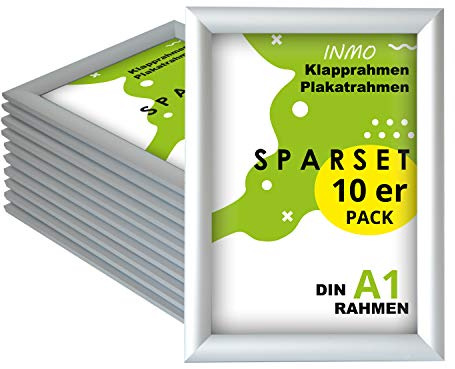 INMO Alu-Klapprahmen DIN A1 10 Stück mit Aluminium Profil ohne Glas - Klappbarer Bilderrahmen Silber - Fotorahmen für Bilder, Poster, Plakate - 62,50 x 87,20 cm Urkundenrahmen