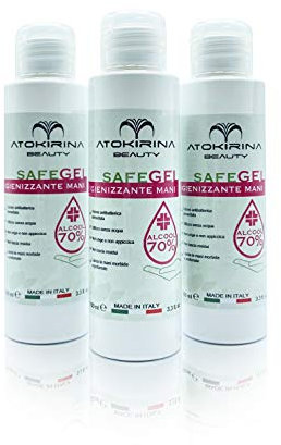 ATOKIRINA SAFE Gel Disinfettante Mani Azione Rapida Senza risciacquo 70% Alcool Antibatterico Igienizza e Protegge Gel Delicato Mani Bambini Ideale in ambienti Ospedalieri MADE IN ITALY – 3pz x 100ml
