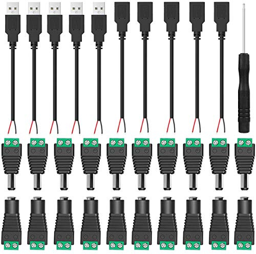 Youmile 10Pairs 12V DC Power Connector 5.5mm x 2.1mm 5A Male & Female DC Power Jack Plug Adapter for CCTV Camera/Led Strip with 5PCS USB Male Cable, 5PCS USB Female Cable, Phillips screwdriver