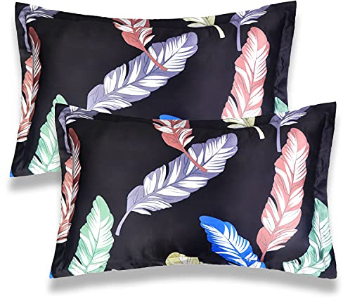 RUNQIN Kissenbezug aus 100% Satin, Standard-Size (76 x 50 cm), gut für Haar und Haut, Blattmuster, weich, luxuriös, Umschlag, 2er-Set (schwarz)