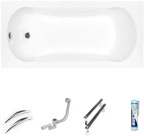 ECOLAM Baignoire rectangle Aria 130x70 cm | 2x poignées en argent brillant | pieds siphon et silicone | Baignoire acrylique blanc | Raccord de vidange d'Alcaplast |