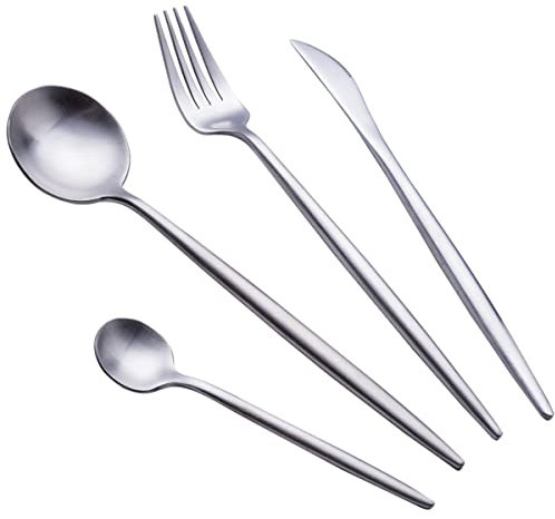 Set di posate, set di posate da 24 pezzi in acciaio inossidabile, servizio per 6 persone, lavabile in lavastoviglie/facile da pulire, altamente lucidato, set di posate da campeggio-Argento- (48 Stk)
