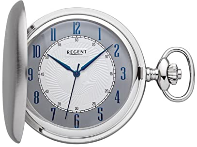 REGENT Reloj de bolsillo para hombre Savonnette Tapa Cromado 50 MM Cuarzo Blanco Esfera Gris Números árabes, P-726 - Manecillas azules/mate liso, Clásico