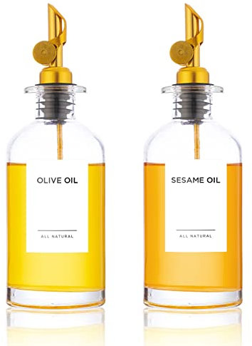 Joyfulmap Juego de dispensador de aceite dorado, 2 botellas dispensadoras de aceite de oliva y vinagre para cocina con 54 etiquetas blancas minimalistas, bandeja, dispensador de botellas de vidrio