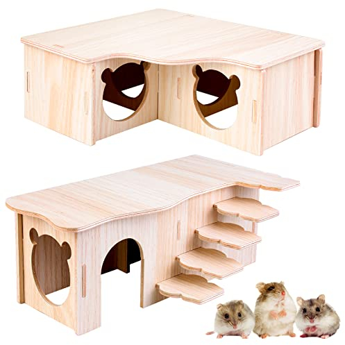 Vegena 2 Stück Hamster Haus, Hamster Haus aus Holz, Hamster Mehrkammernhaus, Hamster Eckhaus Holz Hamsterhaus Hamster Versteck, Zwerghamster Zubehör für Den Käfig für Rennmäuse Ratten Meerschweinchen