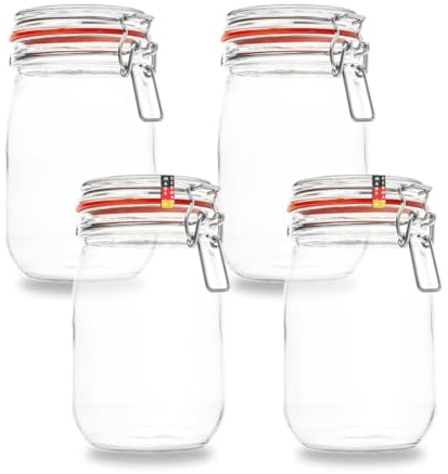 Set di 4 vasetti da 1150 ml, adatti come vasetti per conserve e fermentazione, per conservare, riempire, barattoli vuoti con staffa metallica – Made in Germany