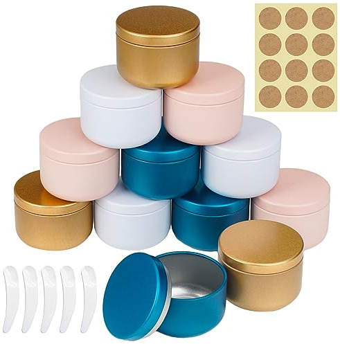 12 Pièces Pots en Aluminium de 50 ML Pot Vide Cosmétiques avec 12 Spatule & Autocollants Contenants Cosmetique Vide Pots pour Bougies, Maquillage, Crème, Baume à lèvres