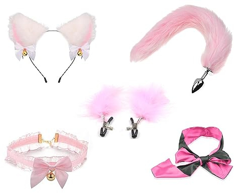 KUAIQI Analplug Paaren Cosplay mit Fuchsschwanz, 6-Stück-Set Katze Ohren Stirnbänder Haarschmuck Breast Clip Anus Masturbator,Analplug Paaren Cosplay,für Männer Frauen Paare