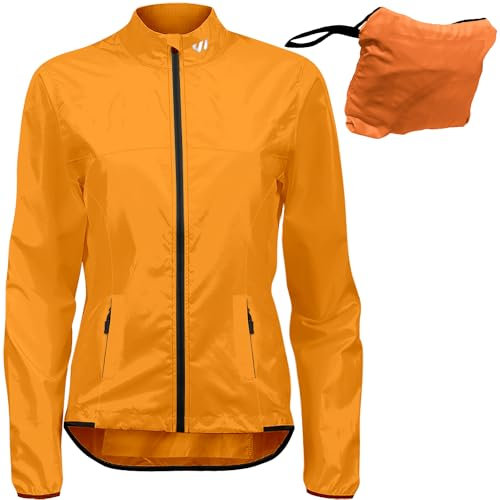 Wulibike Fahrradjacke Damen Windbreaker Leichtgewicht Laufjacken Atmungsaktiv Schnell Trocknend Radfahren-Jacken Mit 3 Taschen Orange M