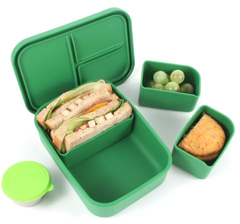 LayaVilla Silikon-Bento-Lunchbox, 800 ml, Grün, Bento-Box mit 3 herausnehmbaren Fächern für Erwachsene, auslaufsicher, mit einem Dressing-Behälter, mikrowellen-, spülmaschinenfest, Grün