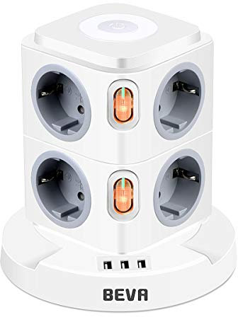 8 Prises Tour Multiprise avec Interrupteur Individuel et Veilleuse + 2 m Câble, BEVA 2500W/10A Prise Multiple USB avec 2 USB-A + 1 USB-C, Multiprise Electrique avec Protection Contre Les surtensions