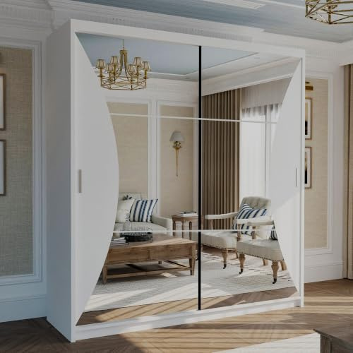 FURNITUREWAVE Carifornia Sliding Curved Mirror Wardrobe with Hanging Rail and Shelves, Clothes Storage Cabinet Organizer Closet for Bedroom Small Spaces (White, 203cm)