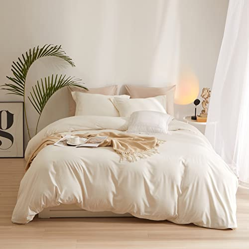 AMWAN Boho 3 Pieces Queen Size Soft Washed Microfiber Cream White Duvet Cover Set with Zipper Closure - Off White 90”x90” Comforter Cover, 2 Pillowcases