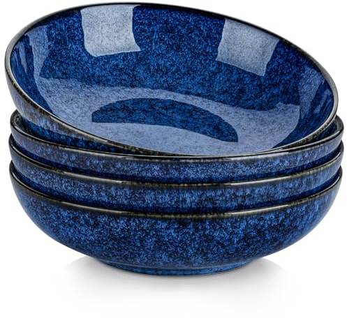 vancasso Stern 38 oz Ceramic Pasta Bowl Set of 4, Large Salad Bowls for Serving, Microwave Oven Safe Soup Bowls for Kitchen, Blue Stoneware Bowl Set