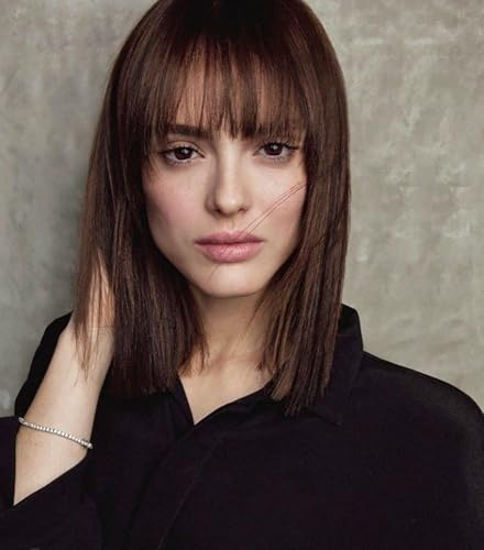 PORSMEER Dunkelbraun Perücken mit Pony für Frauen, Synthetische Bob gerade Perücken Schulter Länge farbige Perücken für Halloween Kostüm Party & Cosplay wig 35cm