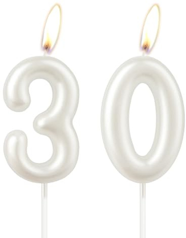 Perlweiße Geburtstagskerze, weiße Happy Birthday Zahl 30, Kuchenkerzenaufsatz für Mädchen, Hochzeitstag, Gedenken