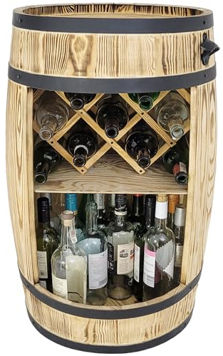 weeco Weinregal mit Weinhalter - Weinschrank - Fassbier - Fass Vintage deko Wohnzimmer - Hausbar - Minibar Gin Whisky - Starkes Buchenholz - Weinfass Stehtisch - Holzfass 80x50cm