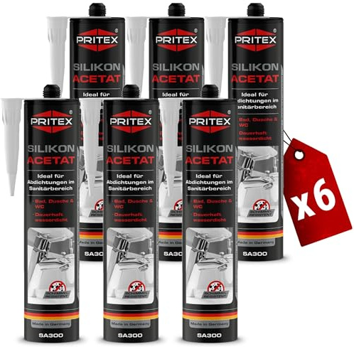 PRITEX Sanitär Silikon Silbergrau 6x 300ml, Acetat für Bad & WC Dichtmasse
