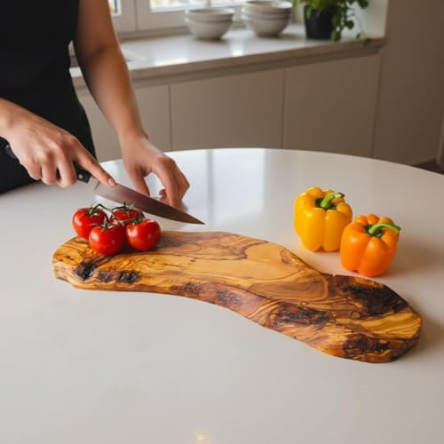 Slim Shape Handcrafted Olive Wood Cutting Board | Unique Curved Design for Serving and Chopping | Natural Grain Finish | Durable Versatile Kitchen Accessory (40 cm)