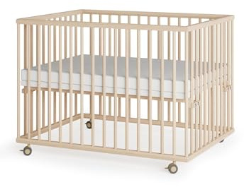 Sämann Laufstall Baby 75x100 cm mit Matratze SleepPlus & Schlupfsprossen | stufenlos höhenverstellbar | Laufgitter Premium | Babybett aus Holz | Krabbelgitter natur