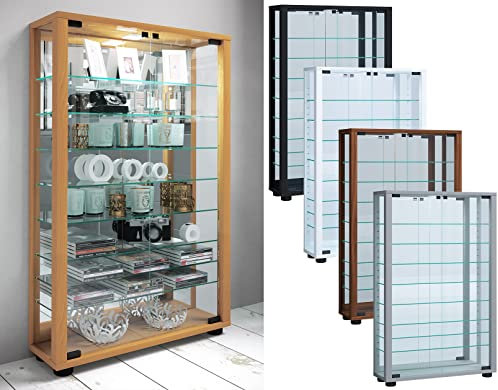 VCM Glasvitrine stehend | Vitrine Glas mit ESG-Sicherheitsglas | Maße ca. H. 91 x B. 59 x T. 18 cm | Standvitrine Glas | Modern und platzsparend | Glas Vitrinenschrank – Lumo Mini Spiegel