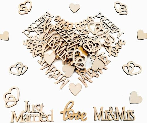 Yeria 120 Stück Holz Konfetti Hochzeitsdeko Tisch, Herz Konfetti Streudeko Tischdeko Hochzeit, Just Married Hochzeit Deko, DIY Hochzeitsdeko Tisch für Verlobbung Valentinstag