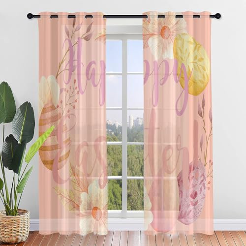 FANSU 2er Set Scheibengardinen Ostern Druck Halbtransparent Bistrogardine, Schlaufengardinen Gardinen Küche Türgardine für Kinderzimmer, Wohnzimmer (132x160cm,Rosa 1)