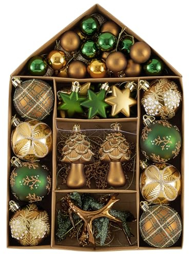 Valery Madelyn Weihnachtskugeln 70 Stücke Kunststoff Weihnachtskugel Geschenkpaket Christbaumkugeln Weihnachtsdeko mit Aufhänger Wald Thema（Bronze Grün）