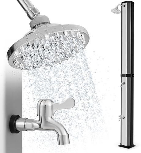RELAX4LIFE Doccia Solare da Esterno 60 L,277 CM con Testa Doccia, Rubinetto per Piedi, Copertura Protettiva, per Giardino, Piscina, Spiaggia (Nero e Argento)