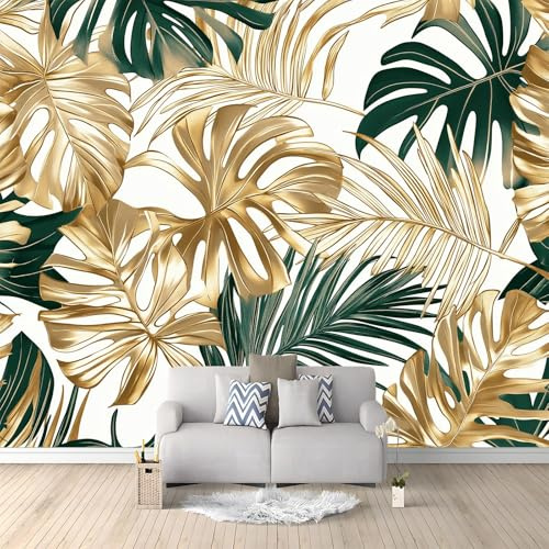 Papel pintado con hojas de palma tropicales, efecto 3D, 300 x 210 cm (ancho x alto), papel pintado no tejido, sin olor, póster de pared, arte de pared, estilo botánico de lujo, decoración de pared