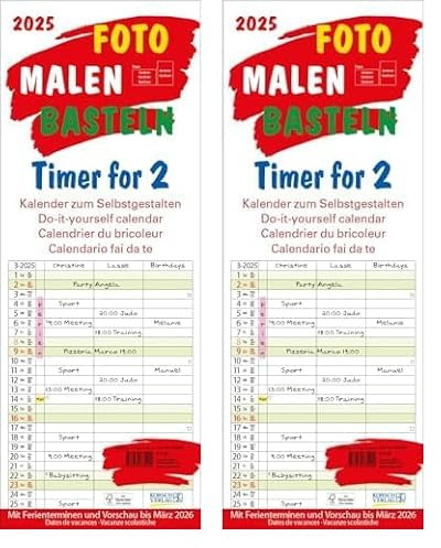 Familienplaner 2025 Timer for 2 Foto-Malen-Basteln: Familienplaner mit 3 Spalten als Fotokalender zum Selbstgestalten. Familienkalender mit Ferienterminen und festem Bastelpapier. (Packung mit 2)