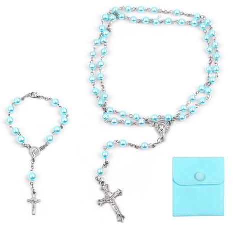 PLCatis Katholische Rosenkranz Kette Armband Vintage Kruzifix Perlen Blau Rosenkranz Halskette Christliche Gebet Perle Blaury mit Samtbeutel Taufe Kommunion Rosenkranz Hochzeit Party - Perla 8mm