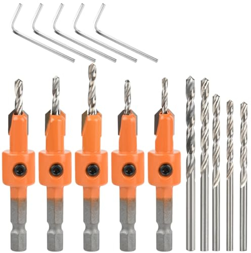 TMBMLPP 5pcs Quick Change 6.35mm Adjustable Hex Countersink Drill Bit Set, includs 5 Woodworking Countersink Bits and5 Replaceable Bits & 5 Wrenches, for Wood - 2.8-4mm Tapered Drill Bit (Hexagonal)