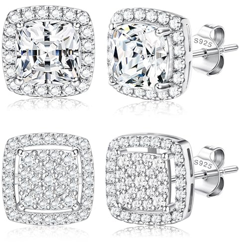 Dochais 2 Pares de Pendientes de Plata 925 Bañados en Oro 14K para Hombre y Mujer, Circonitas Cúbicas Redondas y Cuadradas Imitación Diamante, Iced Out, Hipoalergénicos