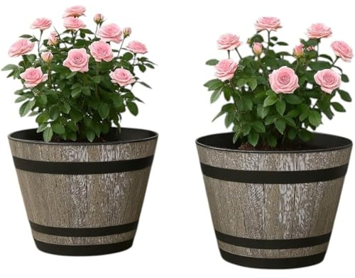 Divas World 2 Pack 37cm Brown Ash Whiskey Barrel Planters -18 Litre Indoor Outdoor Garden Patio Plant Pots Rustic Wood Look with Drainage Holes Lightweight