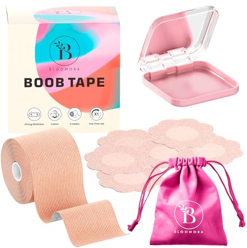 BLOOMORA Boob Tape – Breast Lift Tape for Women – Invisible Boobtape Push Up Support – Body Tape for Strapless Dresses, Backless Tops & Deep V Outfits – Accessories Included – Beige