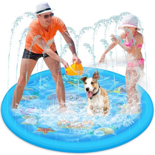Alederways Dog Paddling Pool, Small Dog Splash Pool, Foldable Summer Garden Outdoor Sprinkler Play Mat Fun Backyard Fountain for Kids Pet Pool Water Toy (Blue Dolphin 150cm)