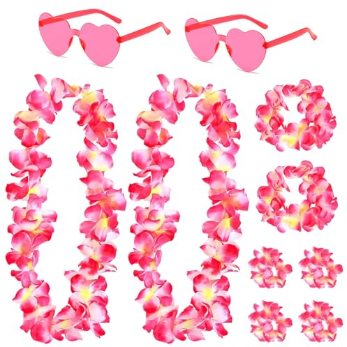 TYXHXTF 10 Stück Blumenketten Hawaii Blumenkette Deko Leis Hawaii Kette Blumen mit Halskette Stirnband Armband Herz Sonnenbrille für Hawaii Kostüm Luau Tropische Party Deko