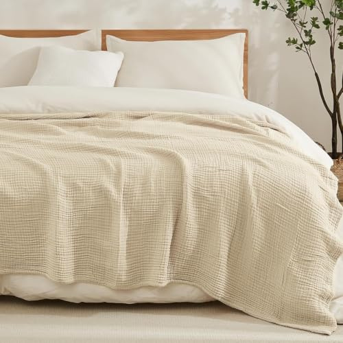EMME Muslinfilt för vuxna, 100 % bomull, 304 x 238 cm beige sommaröverkast filtar för soffa, ventilerande gasfilt för alla årstider, mjuk och lätt förtvättad bomullsfilt