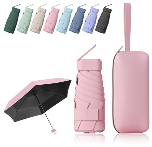 FESDMOH Ombrello Pieghevole, Ombrello pioggia, Ombrello Piccolo da Borsa, Ombrelli da Tasca, Ombrelli Ultraleggero Portatile, UPF>50+, da Sole/Pioggia (Rosa)