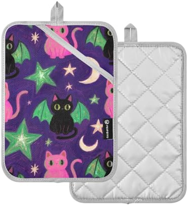 Presina per cucina nero e rosa Halloween gatti presine per cucina con tasche pastiglie forno confezione da 2