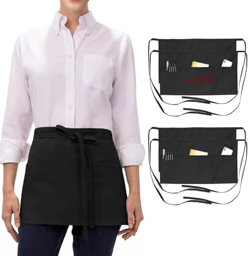 Yuepengkai 4 Stück Vorbinder Schürze, SchwarzSchürze für Männer Frauen, Kurz Kellner schürze mit 3 Taschen für Küche Kochen Backen Restaurant Arbeit