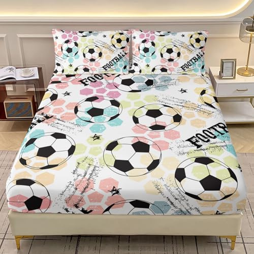 AILONEN Kids Soccer Sport Bed Sheets Set for Boys Girls,Hand Drawn Football Graffiti Style Bedding Set Queen Size,Watercolor Pink Blue Deep Pocket,3 Pieces,1 Fitted Sheet Set and 2 Pillowcase