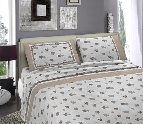 Home Tresor Completo Lenzuola Matrimoniali in Flanella Set Letto Invernale Caldo e Morbido 2 Piazze 100% Cotone Felpato Anti-Pilling Fantasia Cuori Tirolese - Beige