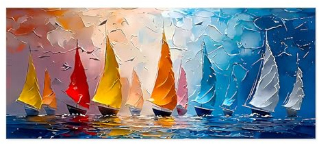 Lupia - Quadro moderno Canvas Prime LA FLOTTIGLIA 38x90 cm, Stampa su Tela effetto Pennellate tridimensionale, Telaio in Legno, per soggiorno capezzale camera da letto ufficio navi e barche in mare