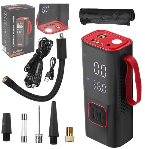 Compressore Aria Portatile 7800mAh 150PSI, Mini Compressore Elettrico 85W con Display LCD, Torcia LED, USB-C, Funzione Power Bank, 5 Ugelli – Gonfiatore per Auto, Moto, Bici e Gonfiabili