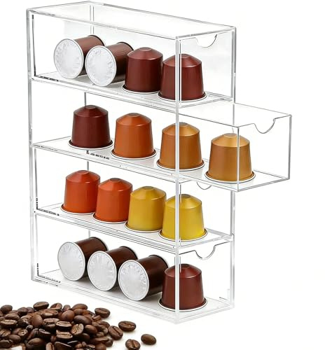 JUNJIEFU Cajón de almacenamiento para cápsulas de café, -24,5 × 17,5 × 6,5 cm, caja de almacenamiento de cápsulas de café con 4 cajones, acrílico
