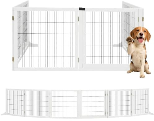 PawHut Barrera de Seguridad Perros de Madera Plegable 432x36x70 cm Blanco | para Escaleras y Puertas, Valla para Perros Pequeños y Medianos de 6 Paneles, con Soporte de Pie, para Interiores